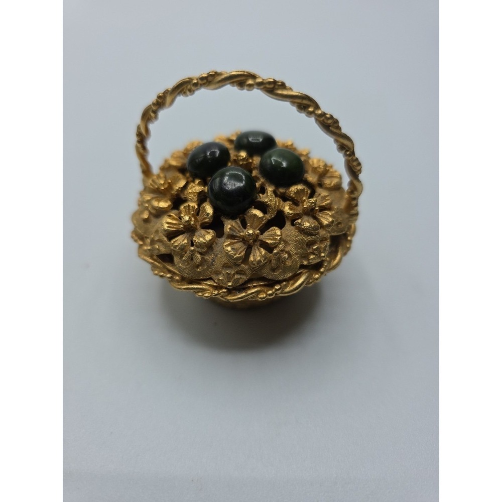 Vintage 1950's Gold By Florenza Basket Trinket Holder With Black Circles 2.5" Ta